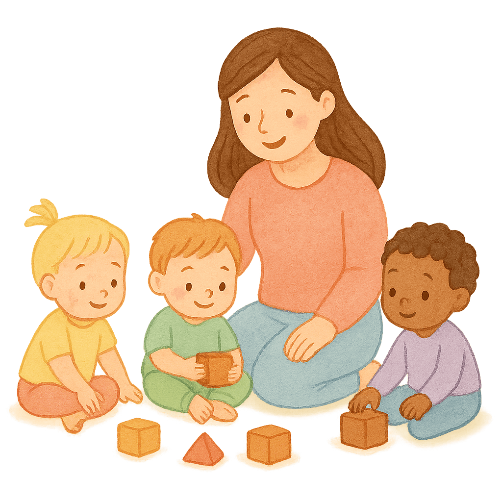 Betreuerin mit Kindern beim gemeinsamen Spielen und Lernen in liebevoller Atmosphäre