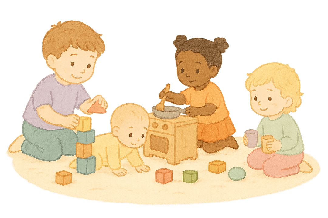 Kinder beim freien Spiel - verschiedene Altersgruppen, natürliche Interaktion, fröhliche Atmosphäre